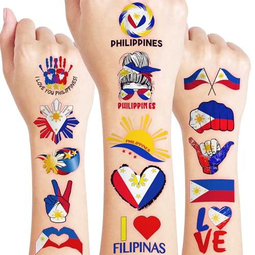 96PCS Philippines Filipino Flag Pride Pre-Cut Temporary Tattoos for Kids Themed Birthday Party Decorations Supplies Decor Favors Super Cute Flag Tattoo Stickers Gifts For Boys Girls Rewards Carnival