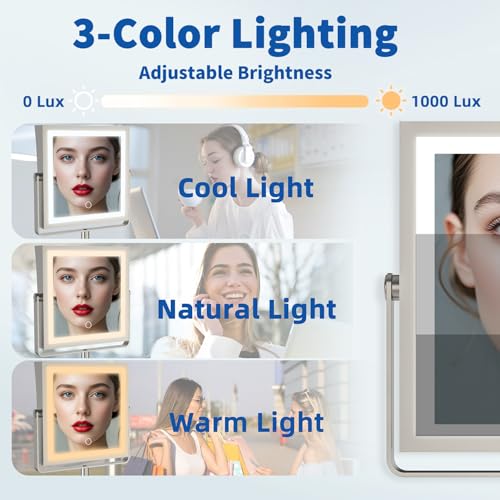 Ruacq Rechargeable Wall Mounted Makeup Mirror with Lights, Double Sided 1X/10X Magnifying Vanity Mirror with 3 Color Light, Touch Screen Dimmable, 360¡Æ Rotation Extension Foldable Arm(Brushed Nickel)