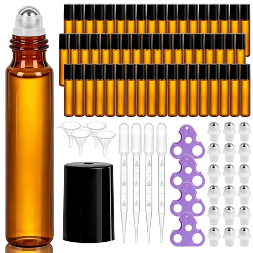 GGOLDMER 54 Pack 10ml Amber Glass Roller Bottles for Essential Oils