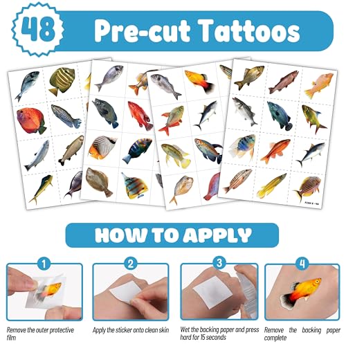 72 PCS Fishing Party Favors - 48 Temporary Pre-Cut Tattoos & 24 Slap Bracelets - Party Favors for Boys & Girls, Birthday Goodie Bag Fillers, Baby Shower Gifts, Classroom Rewards