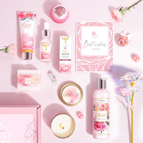 Rose Spa Gift Basket Set for Women | Self-Care Bath & Body