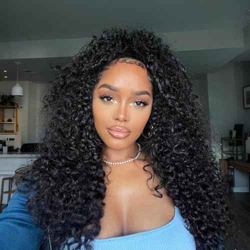 SENSAIRUITE Half Wig Human Hair Curly Deep Wave Half Wigs for Women - Upgrade Drawstring 3 in 1 Seamless Flip Over Glueless Wig 24-inch Natural Black