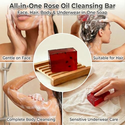 HerbalRevival Natural Soap Bar with Plant-Based Premium Rose Essential Oil - 53oz + 6 Lather Nets | Shea Butter & Olive Oil Moisturizing Cleansing Aromatherapy for Men & Women Face/Hair/Body Shower