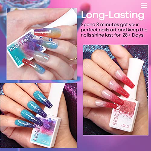 modelones Gel UV LED Nail Lamp with UV Gloves and Color Changing Gel Nail Polish - 6 Colors 10ml Pink Glitter Blue Purple Orange Mood Temperature Change Gel Polish Set Summer Soak Off Nail Polish DIY