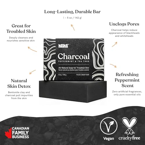 Keika Charcoal Black Soap Bar for Eczema, Psoriasis, Face, Body, Men Women Teens with Oily Skin, 5 oz.