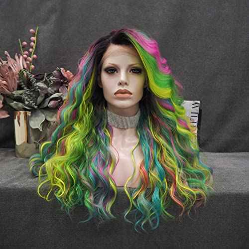 IMSTYLE Multicolor Lace Front Wigs Rainbow Green Wigs Loose Curl Dark Root Colorful Synthetic Hair Wig Heat Resistant with Natural Hairline 22 Inch