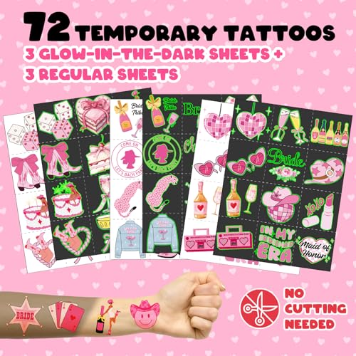 96 PCS Bachelorette Party Favors for Bride to Be ? 72 Pre-Cut Temporary Tattoos & 24 Slap Bracelets, Hen Party Accessories, Team Bride Decorations & Supplies