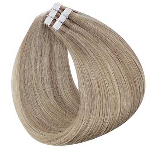 Full Shine Tape in Hair Extensions Human Hair 18inch Blonde Human Hair Tape in Extensions Remy Hair 18/22 Ash Blonde Highlight with Platinum Blonde Invisible Hair Extensions Tape in 20Pcs 50Grams