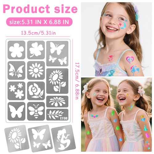Yazhiji 183PCS Temporary Tattoo Stencils, Paint Stencils Kit on Face and Body, Girl Boy Glitter Tattoos Stencils Pack for Kids School Show Birthdays Halloween Christmas Party Favor Supplies