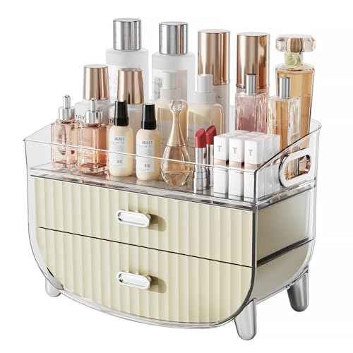 LAMU Makeup Organizer With 2 Drawers, Bathroom Storage With Four Non-Slip Feet And Dust-Proof, Simple And Stylish For Desktop, Vanity, Bathroom Countertops, White, Ideal Christmas Gifts for Girls