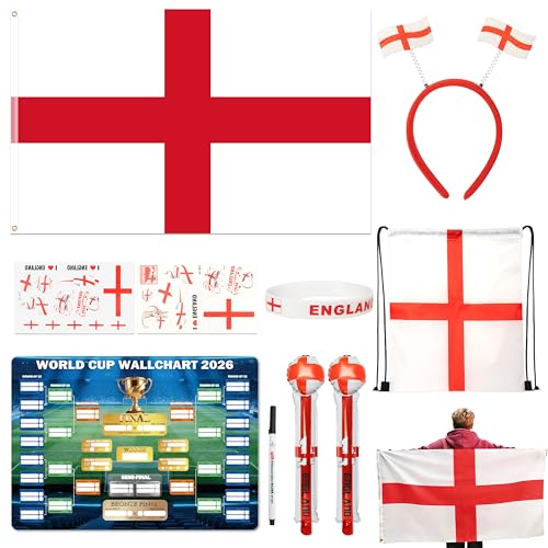 England 2026 World Cup Fan Supporter Set - Includes Flag Headband, Thunder Sticks, Wristband & More