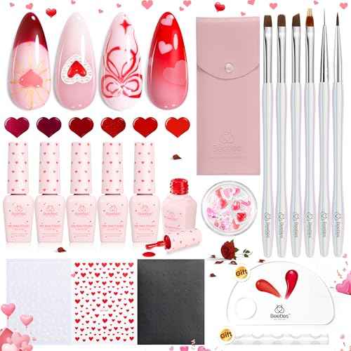Beetles Red Gel Nail Polish & Nail Art Brushes Set-Heart Desire Multifunctional Nail Brushes Kit for Nail Art with Heart Nail Gems&Nail stickers Manicure Gift for Girls Women