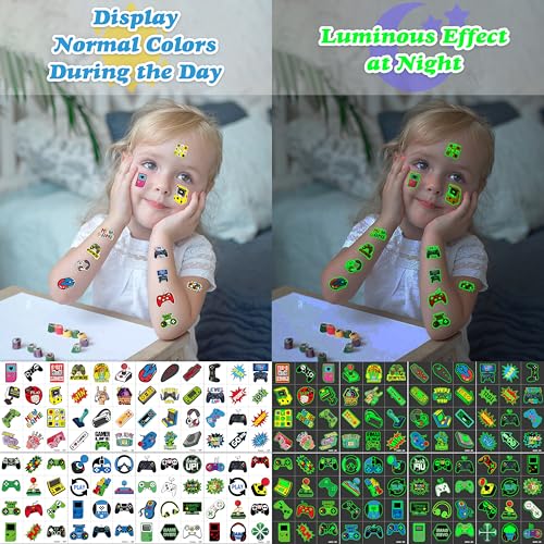 96 Pcs Glow in the Dark Video Game Temporary Tattoos for Kids