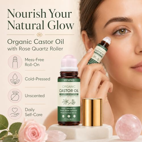 Thicair Organic Castor Oil Rose Quartz Roller Ball for Eyebrows, Face & Neck - 1.7 Fl Oz - Unscented, Hexane-Free, Brightening & Nourishing - Variation 1