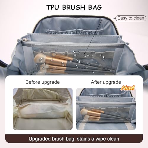 BOYATU Travel Makeup Bag for Women: Large Capacity Open Flat Make up Bag Set of 3 - Vegan Leather Cosmetic Bag with Compartments - Waterproof Toiletry Bag with Handle & Divider(I-5-Brown)