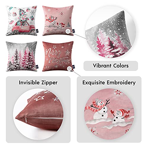 Phantoscope Set of 4 Merry Christmas Decorative Print and Embroidery Velvet Throw Pillow Covers Snowman, Star, Snowflake, Tree Cushion Cover, Pink, 18 x 18 inches, 45 x 45 cm