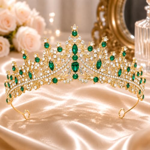 Gold Green Queen Crown Rhinestone Tiara for Women