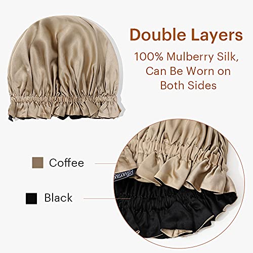 LilySilk Pure Silk Lined Cap for Women Sleep, Double Layered, Adjustable Ribbons, Luxury Natural Silk Bonnet Cap for Sleeping Coffee+Black