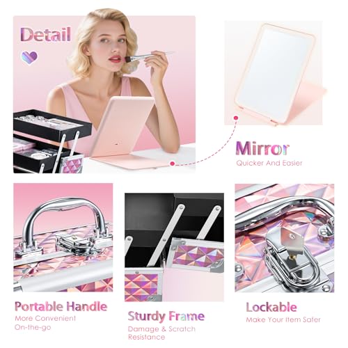 Makeup Case with Lighted Mirror Travel Makeup Organizer Box 2 Trays Lockable Cosmetic Train Case with Movable LED Mirror for Girls Make Up Nail Kits Sewing Vanity Storage Case Shiny Pink
