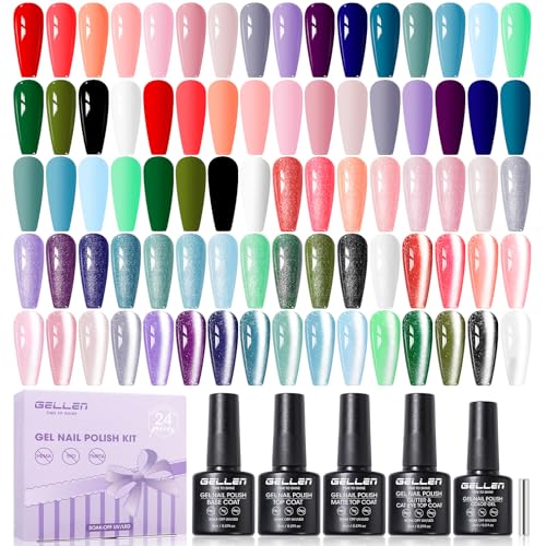 GELLEN 24-Piece Gel Nail Polish Kit - 20 Colors, Cat Eye & Top Base Coats