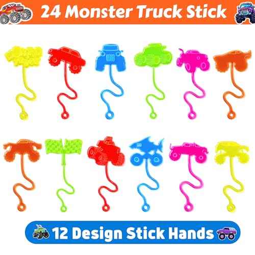 48PCS Monster Truck Party Favors - 24PCS Temporary Tattoos & 24PCS Stick Hands Party - Perfect Birthday Party Supplies, Goodie Bag Stuffers, Treasure Box Toys, Classroom Prizes, and Student Gifts