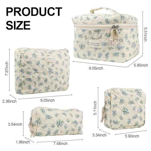 VIWIME Makeup Cosmetic Bag, Large Cotton Quilted Travel Coquette Aesthetic Cute Floral Make up Bag for Women Toiletry Bag Organizer (203- Blue Rose / 4Pcs)