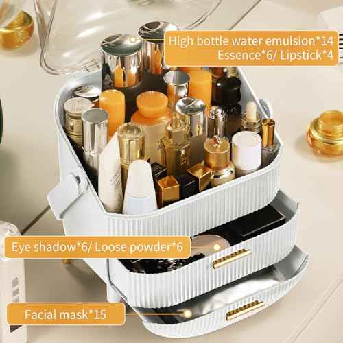CANITORON Makeup Organizer,Skincare Organizer with 2 Drawers and Transparent Cover,Cosmetic Display Case for Vanity Organizer and Bathroom Countertop Storage.(White)