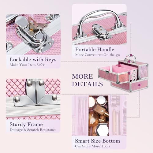 FRENESSA Makeup Train Case 8.85 Inch Portable Makeup Case Organizer Cosmetic Box Make Up Box Makeup Organizer Cosmetic Storage Cases with Locking Nail Kit Organizer Small Travel Case Mermaid Pink