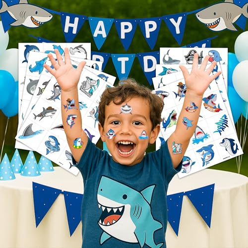 96 PCS Shark Pre-Cut Temporary Tattoos Sticker Sea Animal Fish Under The Sea Ocean Birthday Party Decorations Decor Favors Supplies Gifts Boys Girls Cute Fake Tattoo School Reward Themed (Normal)