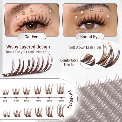 PHKERATA Brown Lash Clusters - Wispy C Curl Eyelash Extensions, 8-18mm, 132Pcs