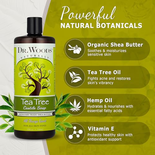 Dr. Woods Tea Tree Liquid Castile Soap with Pump - Castile Soap with Pure Tea Tree Oil, Body Wash for Men and Women, Organic Shea Butter, Natural Cleaner for Face, Hands, and Body - 32 Fl Oz