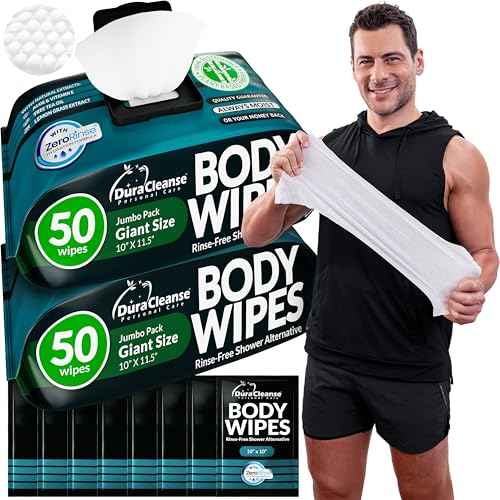 Body Wipes for Men (2 Pack) ? 100 XL No Rinse Shower Sheets + 8 Travel Bath Wipes, 10" x 11.5" Adult Disposable Washcloths for After Gym Use, Hunting, Camping and Travel