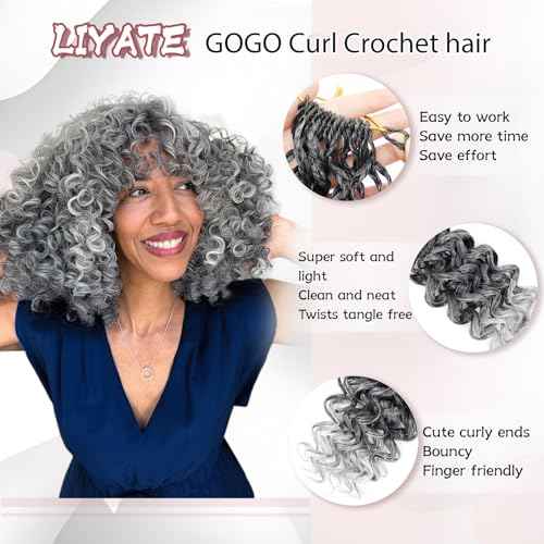7 Packs Gogo Curl Grey Crochet Hair for Women 8 Inch Pre-Twisted Curly Crochet Hair Pre Looped Deep Ocean Water Wave Beach Curl Crochet Braids Synthetic Braiding Hair Extensions (8 Inch, 1B/Gray)