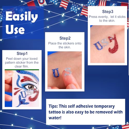 Yosca 6Pc Red White Blue Glitter Temporary Tattoos 4th July