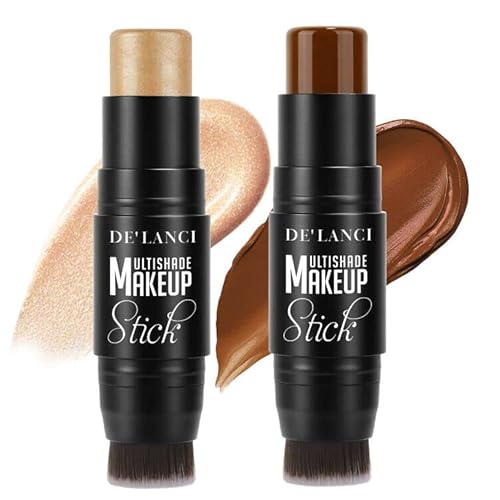 Contour Highlighter Makeup Stick, DE¡¯LANCI 2 PCS Cream Contour Highlighter Sticks with Brush, New Updated Moisturize Highlighter and Bronzer Stick, Face Contour Concealer Makeup For Girls Beginners#1
