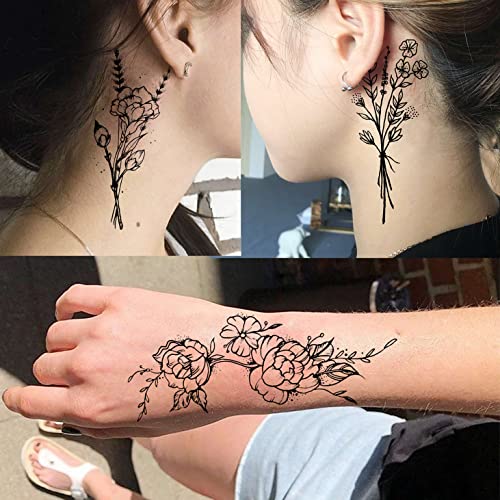 19 Sheets Black Flower Temporary Tattoos for Women
