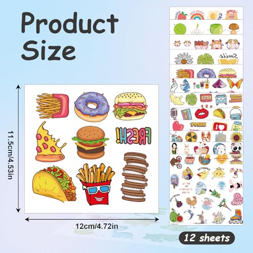 Tattoos for Kids, 12 Sheets Temporary Tattoos Stickers Set for Girls and Boys, Food Rainbow Butterfly Pumpkin Tattoos for Kids Birthday Party Supplies