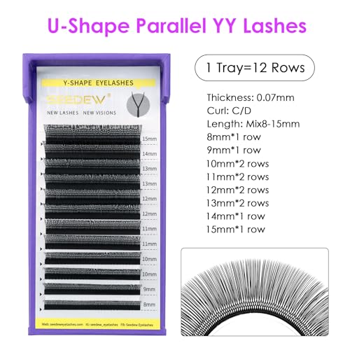 U Shape YY Lash Extensions, UYY 0.07mm D Curl MIX8-15mm 12 Rows/Tray, Natural Soft Lightweight Eyelashes Grafting for Lash Artists, Beauty Salon (Matte Black-0.07-D-MIX8-15mm) UYY
