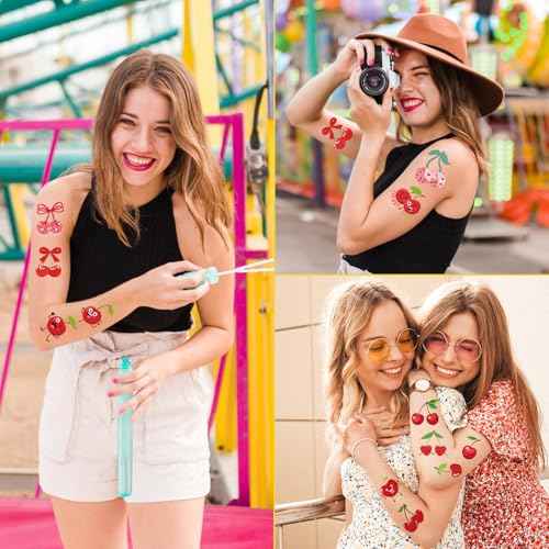 Cherry Temporary Tattoos Stickers - 200+ Cherry Birthday Decorations Cute Red Cherries Fake Tattoo Gifts for Kids Girls Funny Fruit Themed Party Favors Supplies Women Men Prizes Rewards