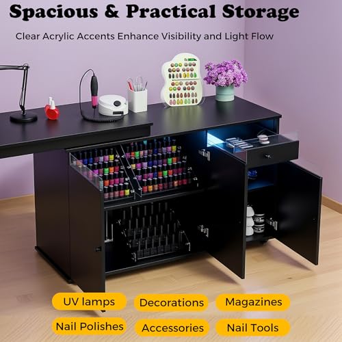 L-Shaped Manicure Table with LED Light, Storage & Rotating Desk