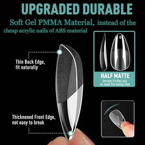 Soft Gel False Nail Tips 3 Styles Kit - Medium Almond, Square and Ballerina, 360PCS Pre-shaped Half Matte Full Cover Acrylic Nail Tips, Nail Extension DIY Manicure Salon Home, 12 Sizes,BlueZOO