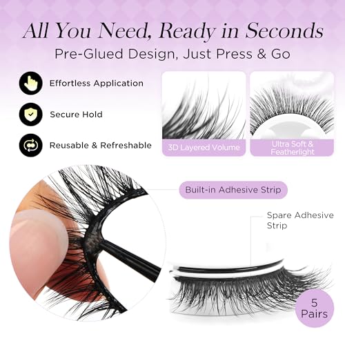 Self Adhesive Eyelashes - Pre Glued Wispy Faux Mink Lashes, 5 Pairs