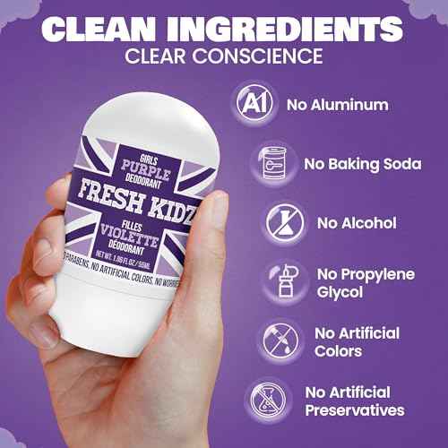 Fresh Kidz Roll On Deodorant for Kids and Teens - Baking Soda and Aluminum-free 24 Hour Protection for Sensitive Skin - Girls "Purple" 1.86 fl.oz. (2 Pack)