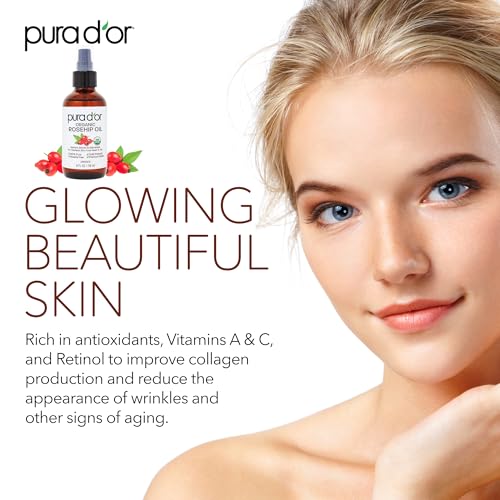 PURA D'OR ORGANIC Rosehip Seed Oil Hair Relaxer (4 Oz x2 = 8 Oz) 100% Pure Cold Pressed USDA Certified All Natural Anti-Aging, Scar Treatment, Gua Sha Massage, Face, Hair & Skin - Women & Men