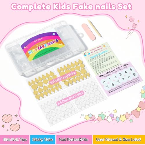 SINOKAME Kids Press-On Nails Kit - 240 Pcs Squoval Fake Nails