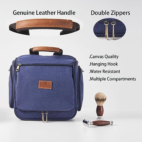 Canvas Toiletry Bag for Men Shaving Dopp Kit Bulk Travel Hanging Makeup Organizer with Sturdy Metal Hook Portable Cosmetic Bag for Women with Large Capacity Blue