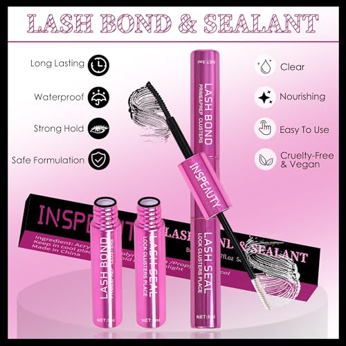 INSPEAUTY Lash Bond and Seal Duo, 5ml+5ml Waterproof Lash Glue for Eyelash Clusters, 72H Hold