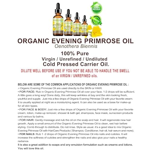 Botanical Beauty Organic EVENING PRIMROSE OIL 100% Pure Natural Undiluted Unrefined Virgin Cold Pressed Carrier Oil. 0.5 Fl.oz.- 15 ml for face, skin, hair, nails