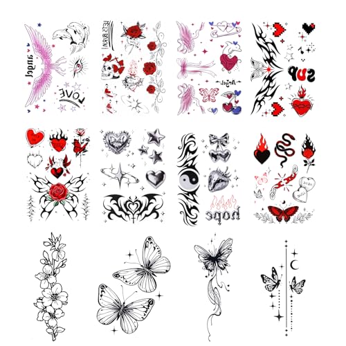 Red & Black Temporary Tattoos - 12 Sheets Waterproof Aesthetic Designs