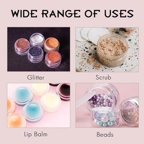 200 Count 5 Gram Sample Containers, Clear Lip Balm Containers with Lids, Small Plastic Sample Jars with 12 Mini Spoons, 200pcs Labels (Black Lid)